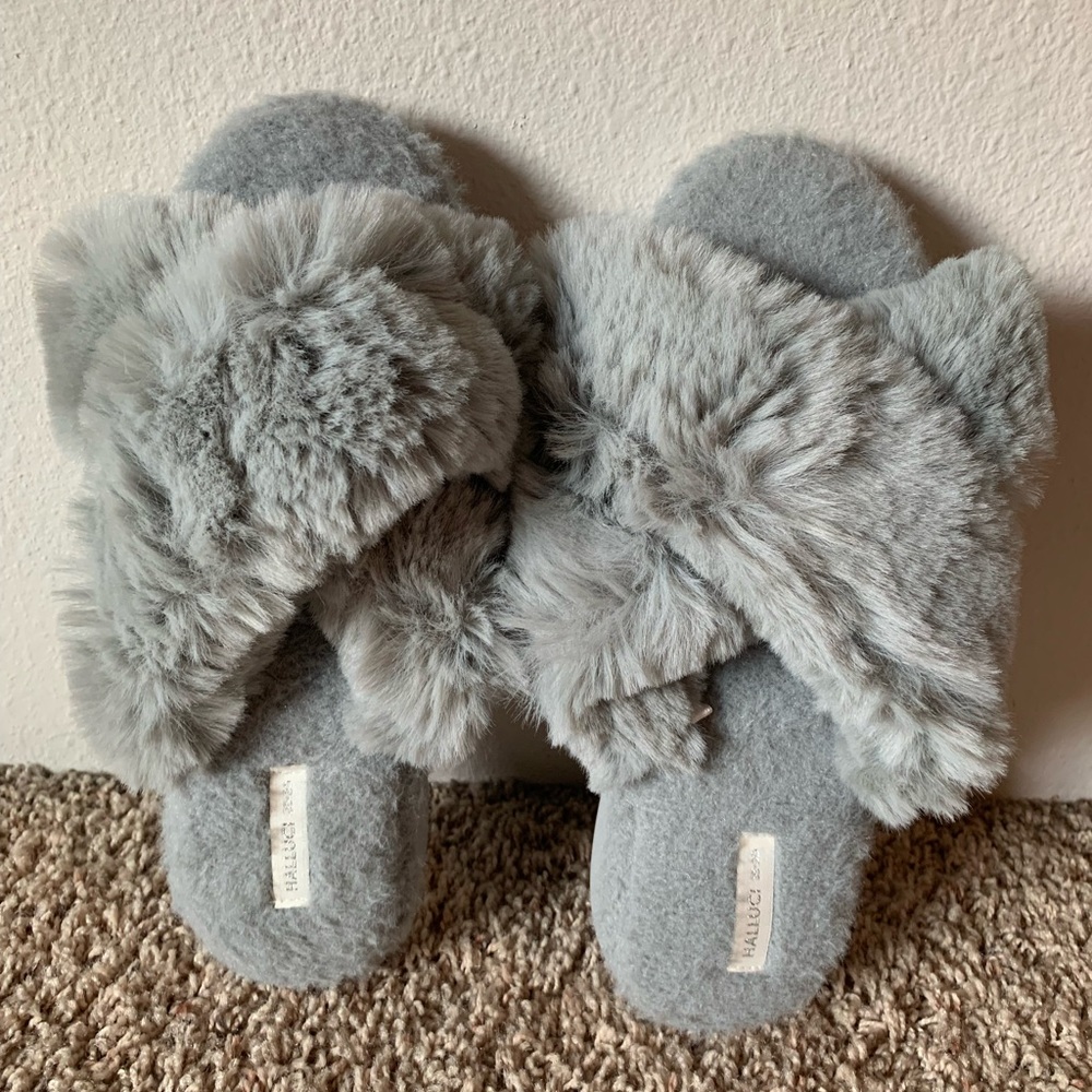 Gray Fuzzy Slippers. Never Worn. Brand New Condition.
